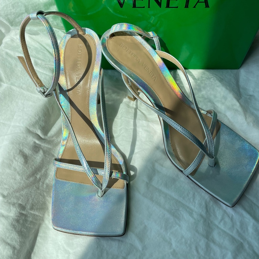 Bottega Veneta Metallic Silver “Stretch Strap Sandal” Heels